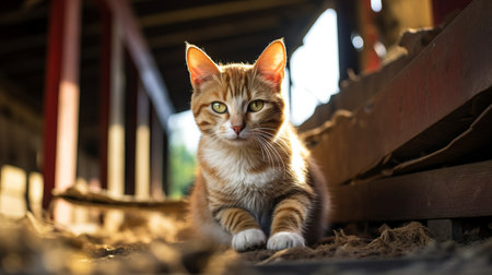 a cat perched on a bed of hay, captured through the unique perspective of an anamorphic lens flare. this portrait showcases soft lighting, taken with a canon eos 5d mark iv and a fisheye lens. the warm hues of light amber and crimson add to the rural life ambiance, reminiscent of dutch and flemish depictions. ai generatedの素材