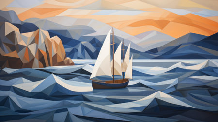 a high-resolution illustration depicting a nautical-style scene of sailing on the sea. this retro print design showcases elements of cubism influence, with realistic landscapes featuring soft, tonal colors. the artwork draws inspiration from slovenian paintings, creating an illuminated landscape within a mural-like composition. ai generatedの素材