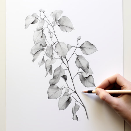 an ink and pencil sketch of a highly detailed illustration of an apple tree. the minimalist nature study showcases the intricate foliage, complemented by watercolor washes in dark gray and silver. the use of focus stacking and foreshortening techniques adds depth to the image. against a white background, this artwork captures the essence of the apple tree's beauty. ai generatedの素材