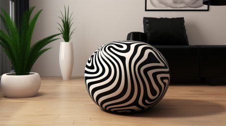 a black and white zebra painted stool adds a touch of futuristic organic style to a living room. this luminous 3d object features a bulbous shape and is made with fabric. digitally enhanced, it exudes a zen minimalism vibe, imitating the look of real zebra material. ai generatedの素材