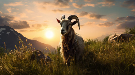 a goat stands in a summer pasture, captured in a high-definition photo wallpaper. the image showcases the artistic style reminiscent of raphael lacoste, max rive, and justin gaffrey. with a photorealistic representation, the goat's strong facial expression is highlighted by the golden light, creating a captivating visual experience. this 32k uhd image is a stunning addition to any collection. ai generatedの素材