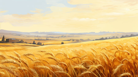 a stunning landscape featuring a vibrant wheat field, painted with a realistic color palette. this energy-filled illustration showcases multilayered realism, with golden hues that bring the scene to life. the high resolution of 3840x2160 allows for a detailed viewing experience of this captivating illustration. ai generatedの素材