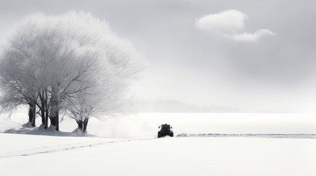 a woman sits peacefully amidst the snowy landscape, surrounded by two tall trees. this minimalist monochromatic photograph captures the essence of rural life, reminiscent of national geographic's stunning imagery. shot with a canon eos 5d mark iv, this japanese photography style showcases layered impressionistic landscapes, evoking a sense of tranquility. the image also pays homage to the iconic farm security administration photography. ai generatedの素材