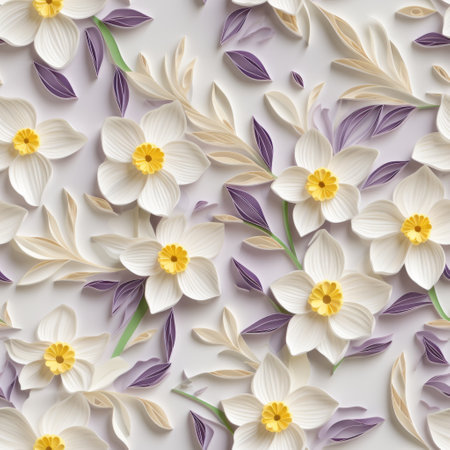 a 3d ambient occlusion and paper quilling artwork featuring a daffodil in the foreground, surrounded by large prunus mume 'omoi-no-mama' and valor plum blossoms. the artwork showcases various shades of purple, white, and light greens, with mirabelle plum leaves intricately incorporated. this stunning piece is rendered in 4k resolution, capturing every intricate detail. ai generatedの素材
