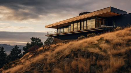 sleek hillside house design by olson kundig captured in this international style architecture photography. the close-up shot showcases blurred grass in the foreground, while the composition is reminiscent of a cinematic movie scene. the image features professional color grading, epic volumetric lighting, and sharp focus. shot with a sony alpha a7 iii camera and a sony fe 24-105mm f/4 g oss lens, this uhd, 8kの素材