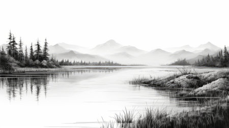 a black and white landscape canvas print captures the essence of oriental minimalism. this digital painting showcases a serene river with ducks, surrounded by mountainous vistas. the ink-wash style adds a touch of realism to the marine scene, while the detailed hunting scenes evoke a sense of solitude. ai generatedの素材