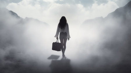 a woman stands in the fog, clutching her briefcase, amidst an ethereal and otherworldly atmosphere. the image captures trapped emotions and portrays a sense of travel. the contrasting colors of light white and dark crimson add to the otherworldly scenes, creating a calming and poignant ambiance. ai generatedの素材