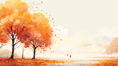 an idyllic view outside with autumn trees, featuring light orange hues and animated illustrations reminiscent of romantic art. the flowing brushwork adds a touch of elegance, while the detailed character design brings the scene to life. the sparse yet post-painterly style creates a captivating visual experience. ai generatedの素材