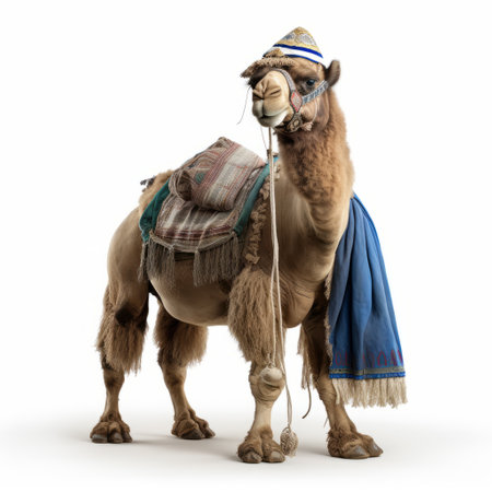 a camel wearing a traditional blanket on its forehead, depicted in a photorealistic rendering style by artist mike campau. the artwork showcases intricate details and high resolution, capturing the essence of the camel's appearance. softbox lighting enhances the realism of the image, reminiscent of the works of patricia piccinini. inspired by sven nordqvist's illustrations, this unique piece combines elements of culture, artistry, and nature. aiの素材