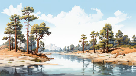 a watercolor painting of a river, trees, and rocky mountains in the style of pixel art. this 8k resolution image showcases a sky-blue and brown color palette, capturing the essence of en plein air beach scenes. the uhd image presents a monochrome painting with spectacular backdrops. ai generatedの素材