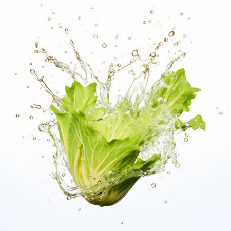 the lettuce is splashed with water, creating a visually energetic and dynamic image. the jump cuts capture the accurate and detailed movement of the water droplets. the lightbox enhances the explosive pigmentation of the lettuce, giving it a vibrant and captivating appearance. this photograph, inspired by the environment, showcases the beauty of nature in a unique and captivating way. ai generatedの素材