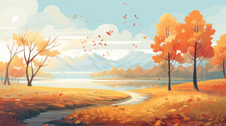 a photo showcasing a picturesque fall scenery with vibrant trees, majestic mountains, and serene countryside. the light orange and sky-blue color palette adds a romantic touch to the graphic novel-inspired landscape. the expansive view captures the beauty of the lively coastal landscapes, while the physically based rendering technique enhances the light sky-blue and light amber tones. ai generatedの素材