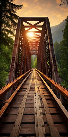 a stunning photo captures the breathtaking sunrise over a wooden bridge nestled amidst the majestic mountains. this photo, inspired by the traincore and vancouver school styles, showcases photo-realistic landscapes with a mesmerizing backlight. the industrial texture adds a unique touch to this national geographic-worthy image, evoking a sense of forestpunk aesthetics. ai generatedの素材