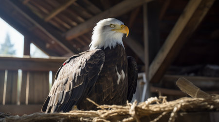a bald eagle perched on a timber frame nest, showcasing the strength and beauty of nature. this raw and emotive photograph captures the essence of the majestic bird, with naturalistic shadows and bold colors. the selective focus adds a historical touch, reminiscent of historical reproductions. ai generatedの素材