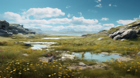 a picturesque valley in norway, featuring a grassy landscape adorned with vibrant flowers. this hyperrealistic environment showcases stunning renderings in light cyan and light amber tones. the detailed and realistic depiction captures the fusion of water and land, while also highlighting intricate hunting scenes. explore this mesmerizing scenery on sketchfab for a truly immersive experience. ai generatedの素材