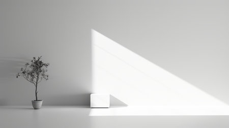 a white room featuring a small plant positioned beside an empty window. the photo showcases a striking juxtaposition of light and shadow, drawing inspiration from the artistic styles of cubo-futurism and tabletop photography. sunrays beautifully illuminate the scene, highlighting the minimalist spare simplicity and creating an asymmetrical balance. ai generatedの素材