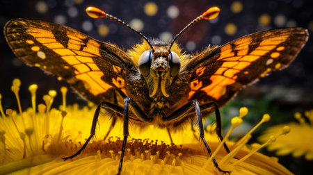 butterfly perched on yellow flower, featuring a nightmarish aesthetic. high-resolution, evocative environmental portrait capturing the butterfly's shiny eyes. this contest-winning, 32k uhd image was commissioned for a unique visual experience. ai generatedの素材