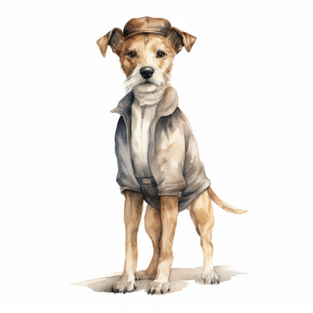 a charming watercolor painting of a dog dressed in an overcoat and hat, showcasing realistic and detailed rendering. the adorable canine exudes a sense of adventure with its fashionable attire, reminiscent of industrial and product design. the beige and amber tones add warmth to this delightful fashion illustration, making it a captivating piece of art. ai generatedの素材