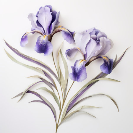 paper purple iris flowers captured in a new artistic photography style reminiscent of delicate constructions and colorful woodcarvings. the light indigo and light bronze hues add depth to the image, while the white background enhances the realistic yet romantic feel. dusan djukaric's attention to detail is evident in the intricate foliage of the flowers. ai generatedの素材