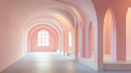 a pink room with arches, paintings, and a large window. this minimalist background showcases orderly symmetry, glowing pastels, grandiose architecture, and whimsical themes. the polished concrete and rococo pastel hues add a touch of elegance to the space. ai generatedの素材