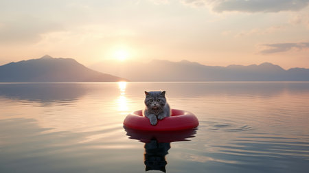 a dog floats in an inflatable ring, surrounded by calm waters. the photo captures a whimsical feline motif, with a touch of subdued tranquility. the light red and gray tones create a photo-realistic landscape, while the backlit photography adds a captivating effect. ai generatedの素材