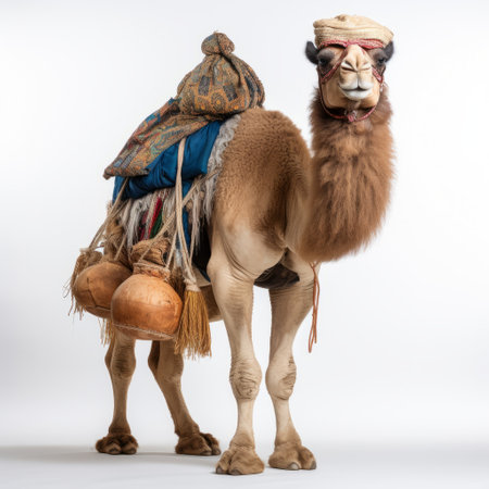 a camel, in troubadour style, sits on a white surface. the image showcases utilitarian objects, elaborate costumes, and oversized objects. captured with a large format lens, the layered fibers and traditional craftsmanship add depth to the composition. ai generatedの素材