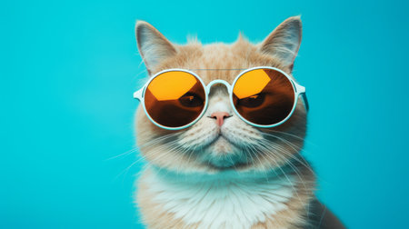 a cat wearing sunglasses is seen smiling against a vibrant blue background. the image has a retro futuristic style, with a manual focus lens capturing the details. the cat's expression is groovy and the image is in ultra-high definition. the colors of the sunglasses are white and amber, while the background is a mix of light orange and crimson, giving it a surrealist-inspired look. aiの素材