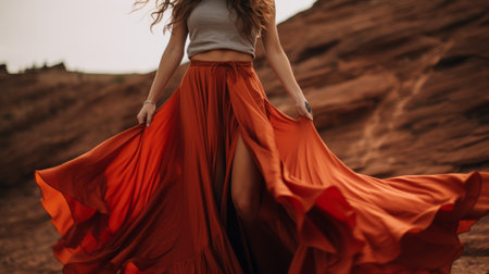 a woman in an orange wide skirt and gray striped top stands gracefully in a desert landscape. her outfit, reminiscent of romantic dramatic landscapes, showcases the desertwave style. the soft-focus technique adds a dreamy touch to the image. the dark red accents and body extensions enhance the bold colorism, while the flowing silhouette adds to the overall elegance. ai generatedの素材