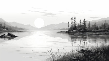 a black and white photograph capturing the serene beauty of water, egrets, and sky. this realistic landscape painting-style image showcases flat backgrounds, whistlerian influences, and hazy landscapes. the cabincore aesthetic is evident in the perspective rendering and highly detailed foliage. ai generatedの素材