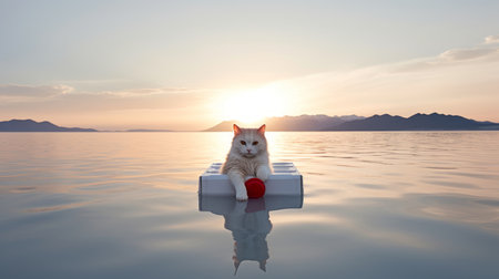 husky dog standing in water, surreal still life composition, whimsical cats, light white and light red, bauhaus photography, cardboard construction, heatwave, grid-based. ai generatedの素材