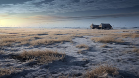 a barn stands on a grassy land, surrounded by trees against a sky. this ethereal seascape-style photo showcases a decaying landscape in 8k resolution. reminiscent of dutch marine scenes, it exudes a cold and detached atmosphere, capturing the essence of nature. a truly captivating national geographic photo. ai generatedの素材