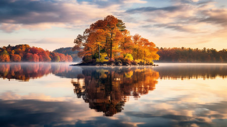 an island in full autumn splendor, surrounded by chestnut trees reflecting vibrant colors on the serene lake's surface. this tranquil scene captures the beauty of nature during the fall season, with the soft, warm light of golden hour illuminating the island. ai generatedの素材