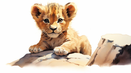 a lion cub, depicted in the style of painted illustrations, is captured in this 32k uhd photograph. the emphasis is on character design, showcasing the cub's adorable features. the realistic landscape paintings in the background add depth to the image. the use of tempera creates a vibrant and textured effect. the close-up shot highlights the cub's details, while the high-contrast shading adds drama to theの素材