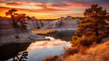 a serene lake in the badlands, surrounded by vibrant autumn-colored pine trees, reflects their beauty on the calm water's surface. this tranquil scene captures the serenity and natural beauty of the fall season. shot during golden hour, the image showcases the soft, warm light illuminating the badlands. ai generatedの素材