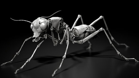 an insect with antennae, showcased against a black background, in a hard surface modeling style. the aluminum material adds an emotive surreal touch to the character study. the frontal perspective highlights the meticulous detail of the skeletal bone structure. ai generatedの素材