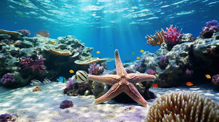a vibrant underwater scene featuring a starfish surrounded by a stunning coral reef teeming with marine life. in the background, an anaconda can be seen resting on a rock, adding to the captivating diversity of this 8k wide-angle shot. this lifelike image showcases the beauty and richness of the underwater world. ai generatedの素材