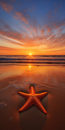 a starfish rests on the sandy beach during a breathtaking sunset. this photo, inspired by the artistic styles of alastair magnaldo and mark keathley, showcases realistic seascapes with a palette of light amber and orange hues. the calming symmetry and captivating visual storytelling make this image truly inspirational. ai generatedの素材