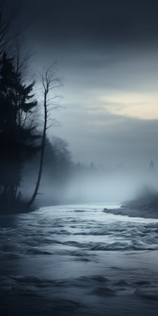 an undertow in a river, captured in a misty atmosphere, showcases a monochromatic color scheme of dark gray and light blue. the photo evokes elements of frostpunk and german romanticism, with its cold and detached atmosphere reminiscent of gothic romanticism. ai generatedの素材