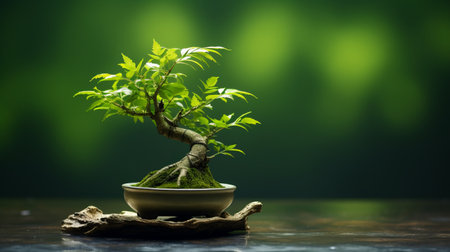 small bonsai tree in a bamboo pot, placed in front of a vibrant green backdrop. this photo showcases the darktable processing style, with its energetic and bold aesthetic. the organic and flowing forms of the bonsai tree are highlighted, while the shallow depth of field adds depth to the image. precisionist lines and the use of paper create a visually captivating composition, complemented by theの素材