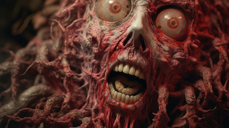 a close-up shot of a hyperrealistic mural depicting zombies in a zombie horror game. rendered in cinema4d, the mural showcases intricate details of tangled nests and necronomicon illustrations. the use of the zeiss batis 18mm f2.8 lens adds depth to the composition, while the contrasting shades of light red and dark crimson create a chilling atmosphere. ai generatedの素材