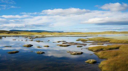 the photo captures a stunning scottish landscape with a sky adorned by fluffy white clouds. the vibrant colors of the saturated pigment pools beautifully complement the sparkling water reflections. taken with a tokina at-x 11-16mm f/2.8 pro dx ii lens, this national geographic photo showcases the mesmerizing combination of light turquoise and dark yellow hues found in the breathtaking norwegian nature. ai generatedの素材