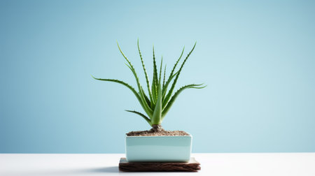 a tree with green leaves is showcased on a wooden frame within a glass, against a vibrant blue background. the composition is reminiscent of spiky mounds, featuring clean-lined and experimental pottery. the image, captured by chen zhen, exhibits sharp focus and a color palette of light yellow and cyan. ai generatedの素材