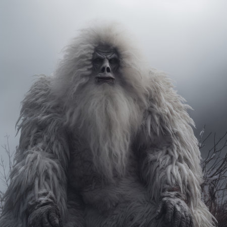 a guy dressed in a snowsuit stands in the middle of a forest, resembling the style of alex petruk ape. the snowsuit is light white and gray, creating a frightful folklore vibe. the photo is captured in 8k resolution, showcasing intricate details. the background has a smokey effect, adding to the mysterious atmosphere. the close-up shot emphasizes the gigantic scale of the scene. ai generatedの素材