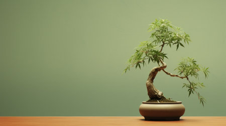 a digitally enhanced, minimalistic style photo featuring a small bonsai pine tree placed on a table. the tree is set against a vibrant green wall, creating a striking contrast. the image showcases smooth and curved lines, with sharp focus highlighting the meticulous design of the bonsai. the color palette consists of light gray and brown tones, reminiscent of the artistic style of grant wood. aiの素材