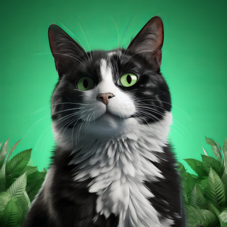 a cat with mesmerizing green eyes is captured in a photorealistic rendering against a vibrant green background. this editorial illustration showcases the stark black and white contrast, reminiscent of unreal engine graphics. the quirky character design and pop-culture-infused elements give the cat a caricature-like appearance. ai generatedの素材
