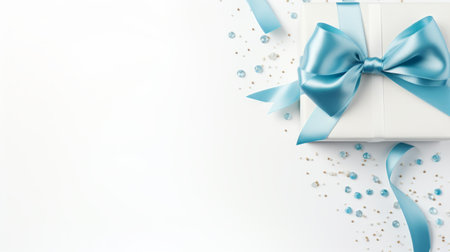 a gift package with blue ribbon and floral stars as decorations, placed on a white background. the style of the package is white and aquamarine, giving it a minimalist and airy feel. the image is in uhd, allowing for detailed and layered compositions. perfect for events and occasions, this gift package is made of crystals, adding an elegant touch. ai generatedの素材