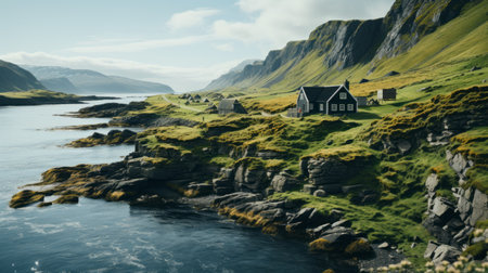 a picturesque house perched on a cliff, offering breathtaking views of the sea and a serene pond. this stunning scene, reminiscent of norwegian nature, has been beautifully rendered in maya, capturing the essence of pastoral scenes. with its cinematic sets and national geographic-worthy composition, this image transports you to the idyllic landscapes of rural america. ai generatedの素材