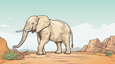 an elephant walking on the desert wall in a colored cartoon style. the image showcases a realistic perspective with earth tones, loose linework, and a strong facial expression. the artwork is in 8k resolution, providing clean and sharp inking. ai generatedの素材