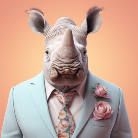 sam hayworth, a rhino portrait by paul goaney, showcases the artist's unique style of floral surrealism. with an elegant clothing choice and a depth of field that adds dimension, this 8k 3d artwork captures the essence of a satirical caricature. the soft color palette and matte finish enhance the overall aesthetic appeal of this captivating photo. ai generatedの素材