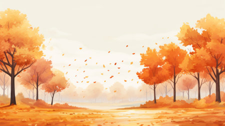 autumn falling leaves in watercolour art drawing, featuring lush landscape backgrounds in a clean and simple design. this 2d game art showcases vibrant orange hues and a post-painterly style. the uhd image captures the beauty of fictional landscapes, merging the natural elements with artistic creativity. ai generatedの素材